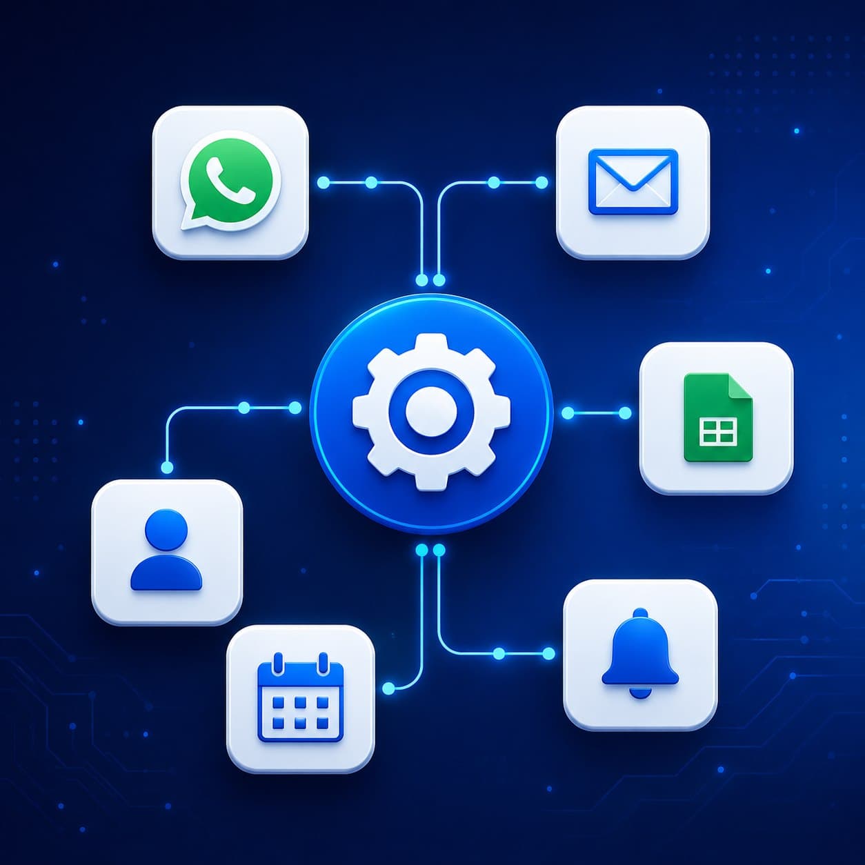 Diagrama de automação conectando WhatsApp, e-mail, planilhas, agenda, usuários e alertas a um processo central